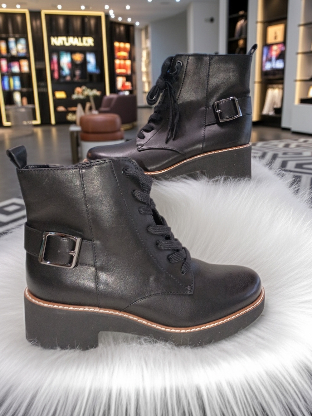 New Naturalizer Cabaret Black LaceUp Faux Leather Ankle Boots with Buckle Detail